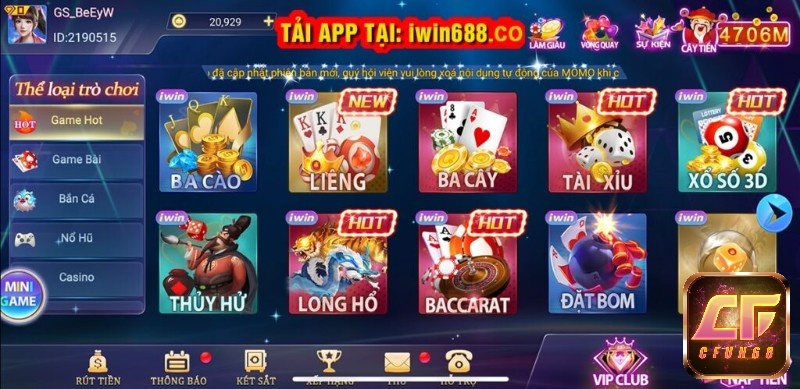 Các trò chơi nổi bật tại nhà cái Iwin68 Club