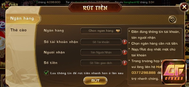 Cách rút tiền thắng từ game bài Cửu tại Iwin doi thuong qua ngân hàng