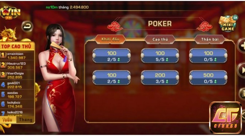 Các sảnh cược trong poker iwin